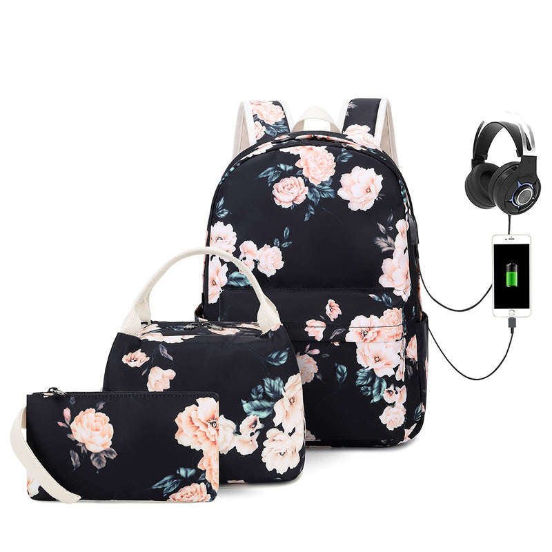 FADOVYE Laptop Backpack for Girls Women, School Backpack with Lunch Bag and Pencil Bag, College Bookbag Travel Daypack with USB Charging Port and Headphone Interface, Floral