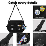 Fashion Crossbody Bag with Cute Accessories Nylon Casual Messenger Bag with Pendant Lightweight Handbag Travel Daypacks (Black)