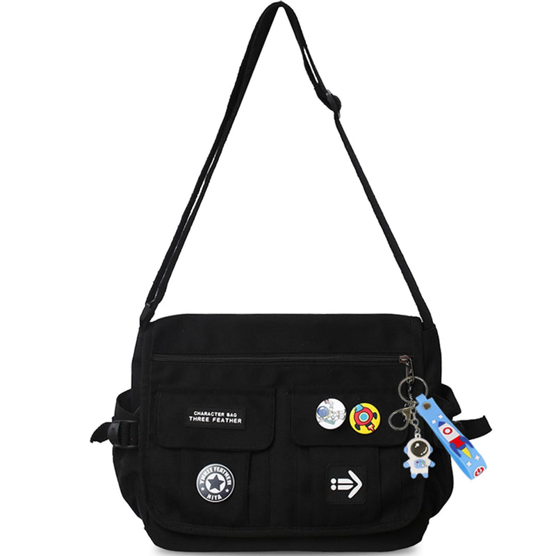 Fashion Crossbody Bag with Cute Accessories Nylon Casual Messenger Bag with Pendant Lightweight Handbag Travel Daypacks (Black)