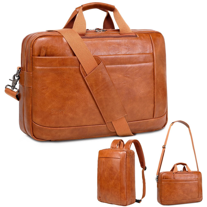 Faux Leather Messenger Bag for Men | 17 - 17.3 Inch Leather Mens Laptop Bag Leather Briefcasen Convertible Backpack 3 in 1 Computer Handbags Work Bag Shoulder Crossbody Bag Office | Vintage Brown
