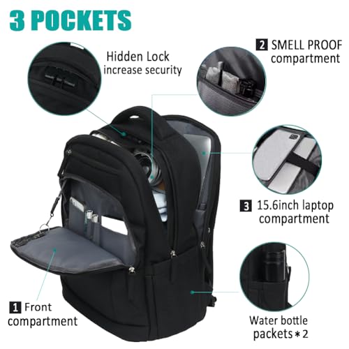 FEDESERN Smell Proof Backpack with Lock,Water Resistant Smell Proof Bags Travel Laptop Backpack,Large Capacity Carbon Enduring Smell Proof Stash Bag with Lock for Men Women (Black)