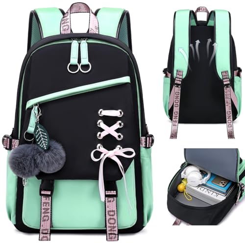 FENGDONG Teenage Girls Bookbag school Backpack Children Casual Daypack Schoolbag for Teens Green