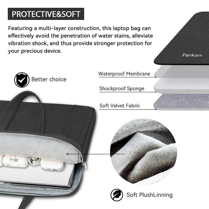 Ferkurn Laptop Case Bag Women Men Computer Sleeve with Shoulder Compatible with HP/Inspiron/Thinkpad/Vivobook/MSI/Surface, 15.6 inch, Black