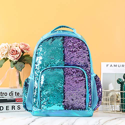 Fermido Holographic Kids Backpack Mermaid Sequin School Backpack for Little Girls Elementary Princess Glitter Bookbags(Teal) One_Size