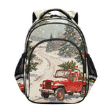 FFYHO Christmas Jeep Snow Scene Comfortable Kids Backpack Bookbag with Reflective Trim, 16L Large Opening Main Bag + Front Zip Pockets + Side Mesh, Perfect for School, Outing, Shopping, and Weekend Tr