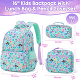 Fimibuke Kids Backpack for Girls, Waterproof Toddler School Bag Cute Bookbag Set with Lunch Box & Pencil Case for Preschool Kindergarten Elementary School Student Ages 3 - 12, Mermaid, 3PCS