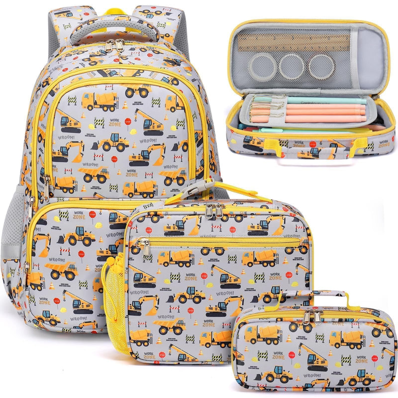 Fimibuke Kids Backpack for School Boys, 3PCS Waterproof Toddler School Bag Cute Bookbag Set with Lunch Box & Pencil Case for Preschool Kindergarten Elementary Back to School Student Ages 3 - 12, Trucks