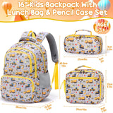 Fimibuke Kids Backpack for School Boys, 3PCS Waterproof Toddler School Bag Cute Bookbag Set with Lunch Box & Pencil Case for Preschool Kindergarten Elementary Back to School Student Ages 3 - 12, Trucks