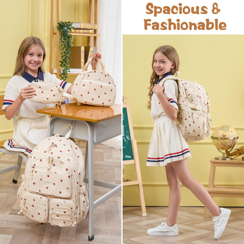 Fimibuke School Backpack for Girls Boys - 3PCS Corduroy Kids Backpack Set with Lunch Box & Pencil Pouch, Lightweight Teen Girls School Bag Laptop Bag Travel Daypack for Elementary Middle High School