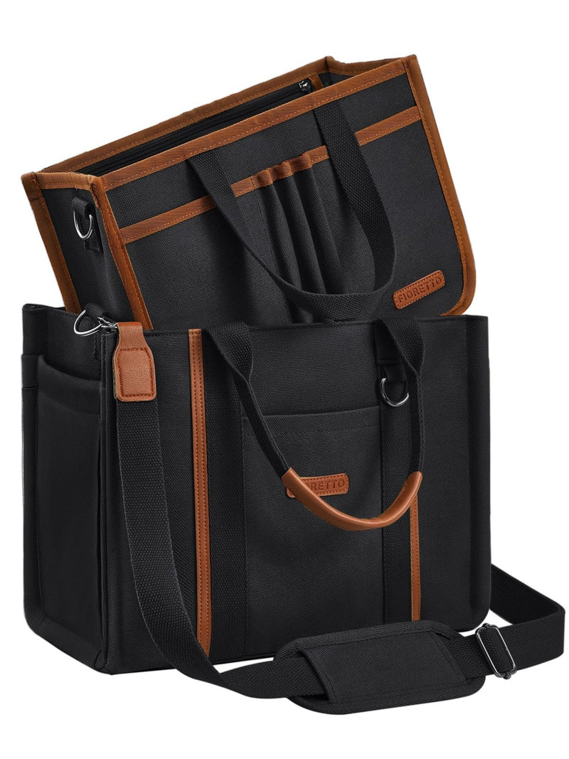 FIORETTO Canvas Tote Bag Purse for Women with Detachable Inner Organizer & Reinforced Bottom, Perfect for Nurses & Teachers for Work, Bible Study, Travel & Everyday Use Black M
