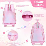 FIXITOK Rolling Backpack for Girls, Kawaii Bunny Roller Wheels School Backpacks with Lunch Bag Pencil case, Wheeled Suitcase Bookbag for Elementary Travel Dreamy-Pink