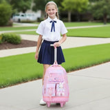 FIXITOK Rolling Backpack for Girls, Kawaii Bunny Roller Wheels School Backpacks with Lunch Bag Pencil case, Wheeled Suitcase Bookbag for Elementary Travel Dreamy-Pink