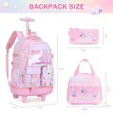 FIXITOK Rolling Backpack for Girls, Kawaii Bunny Roller Wheels School Backpacks with Lunch Bag Pencil case, Wheeled Suitcase Bookbag for Elementary Travel Dreamy-Pink