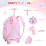 FIXITOK Rolling Backpack for Girls, Kawaii Bunny Roller Wheels School Backpacks with Lunch Bag Pencil case, Wheeled Suitcase Bookbag for Elementary Travel Dreamy-Pink