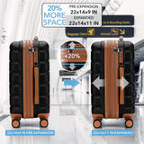 Flight Knight 22x14x9 Expandable Carry On Suitcase Hardside TSA Lock USB C Port Lightweight Luggage Silent Double Spinner Wheels Maximum Overhead Carry - On Bag American United Approved Black/Tan