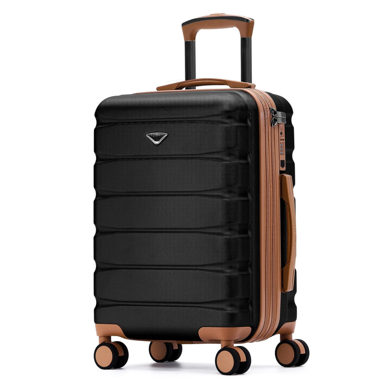 Flight Knight 22x14x9 Expandable Carry On Suitcase Hardside TSA Lock USB C Port Lightweight Luggage Silent Double Spinner Wheels Maximum Overhead Carry - On Bag American United Approved Black/Tan