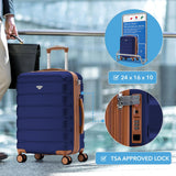 Flight Knight 24x16x10 Expandable Carry On Suitcase Hardside TSA Lock USB C Lightweight Luggage Silent Double Spinner Wheels Maximum Overhead Carry - On Bag For Virgin South West Approved Navy/Tan