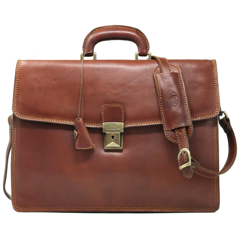 Floto Full Grain Leather Milano Briefcase Attache Laptop Case (Vecchio Brown)