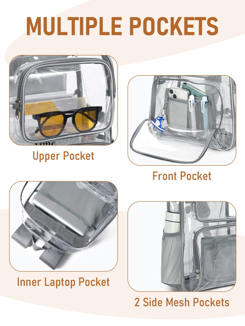 Flowston Clear Backpack for School, 17 inch Large TPU Heavy Duty See Through Bookbag for Boys Girls Women Men, Transparent Backpack With All - Around Reflective Strips for College Work Travel,Black