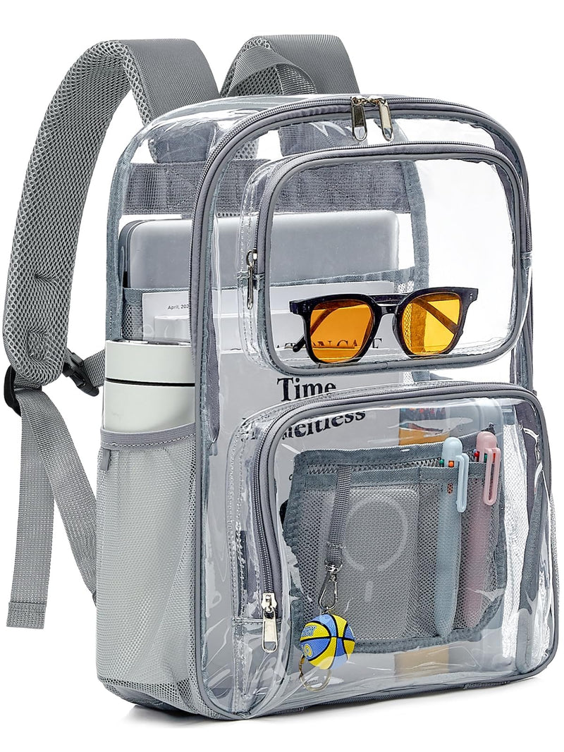 Flowston Clear Backpack for School, 17 inch Large TPU Heavy Duty See Through Bookbag for Boys Girls Women Men, Transparent Backpack With All - Around Reflective Strips for College Work Travel,Black