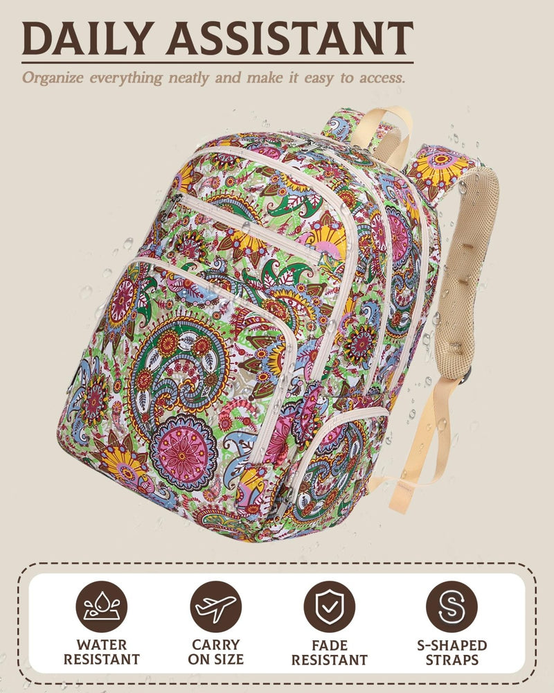FOKDUVB Large Backpack for Women Backpack with Lots of Pockets for Travel Work School Bookbag with Laptop Compartment for High School College Girls Mochilas Morrales para Mujer (Beige/Green, Paisley)