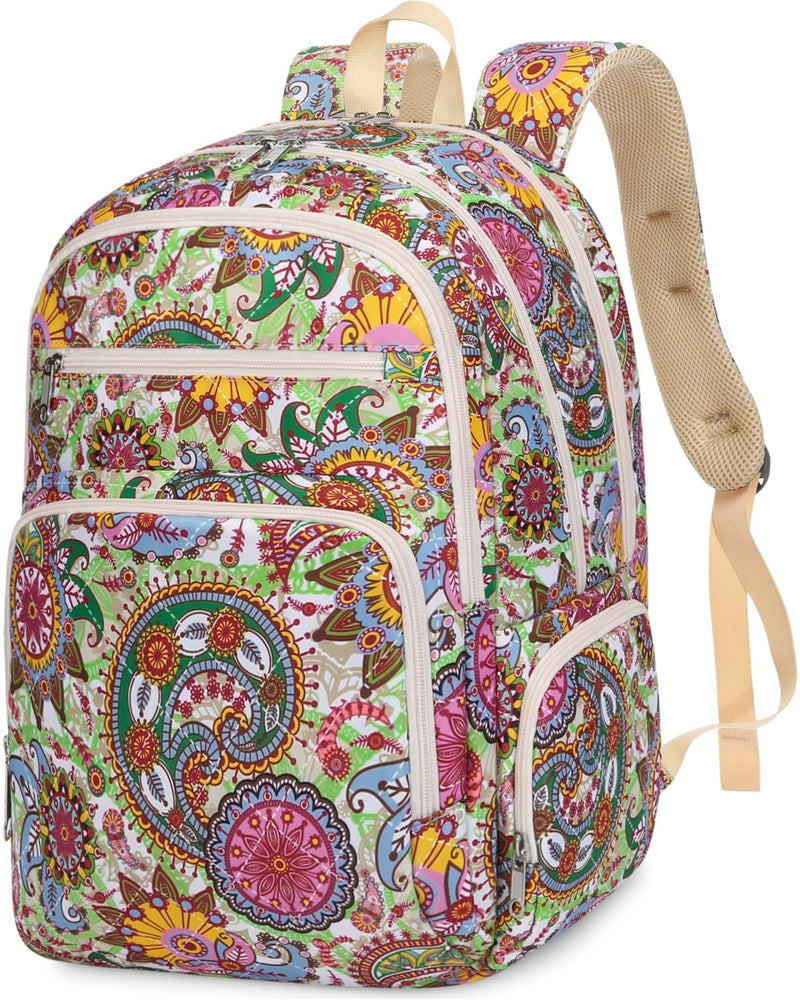 FOKDUVB Large Backpack for Women Backpack with Lots of Pockets for Travel Work School Bookbag with Laptop Compartment for High School College Girls Mochilas Morrales para Mujer (Beige/Green, Paisley)