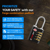 Forge Dual - Opening: Key or Combination Access Lock, TSA Approved Locks for Luggage, Pelican case, Travel, Gym, School, Stainless Steel Shackle. (Black, 4 Pk)