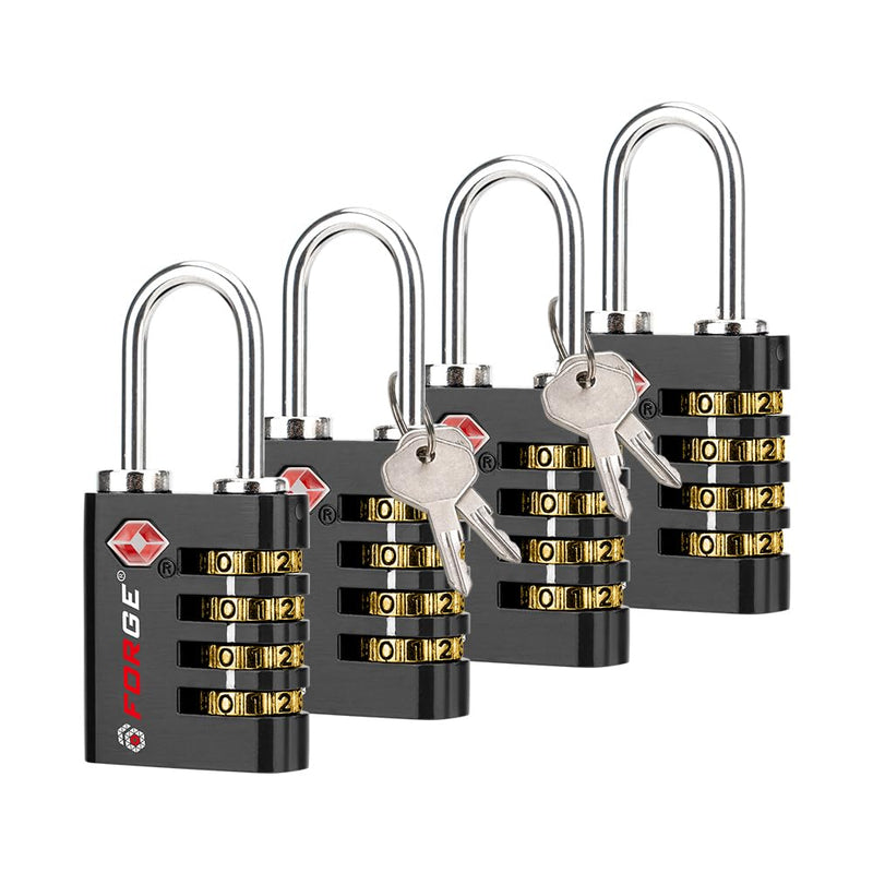 Forge Dual - Opening: Key or Combination Access Lock, TSA Approved Locks for Luggage, Pelican case, Travel, Gym, School, Stainless Steel Shackle. (Black, 4 Pk)