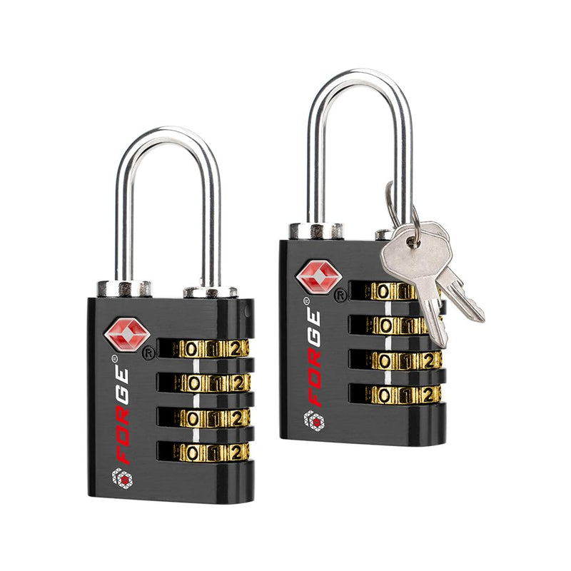 Forge Dual - Opening: Key or Combination Access Lock, Use Key to Recover Code If Forgotten, TSA Approved Locks for Luggage, Pelican case, Travel, Gym, School, Stainless Steel Shackle. (Black 2 Pk)