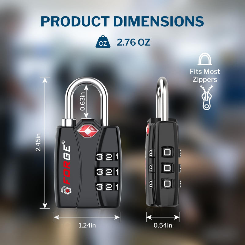 Forge Open Alert TSA Approved Luggage Locks - 3 Digit Combination, Easy Read Dials, Zinc Alloy Body - Ideal Travel Lock for Luggage, Suitcases, Bags & Toolboxes (Black 4 Locks)