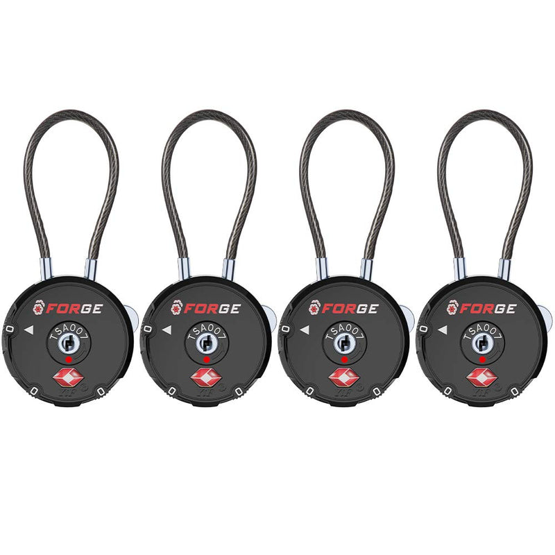 Forge Quality TSA Approved Luggage Locks for Travel Accessories, Suitcase, Pelican case, Ammo Boxes, Set Your own Combination, Zinc Alloy Body - Cable Black 4 Locks