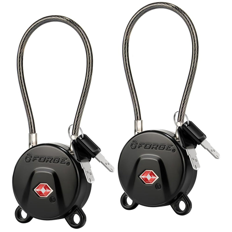 Forge TSA Approved Luggage Locks Ultra - Secure Dimple TSA006 Key Travel Locks with Zinc Alloy Body - Black 2 Cable Locks