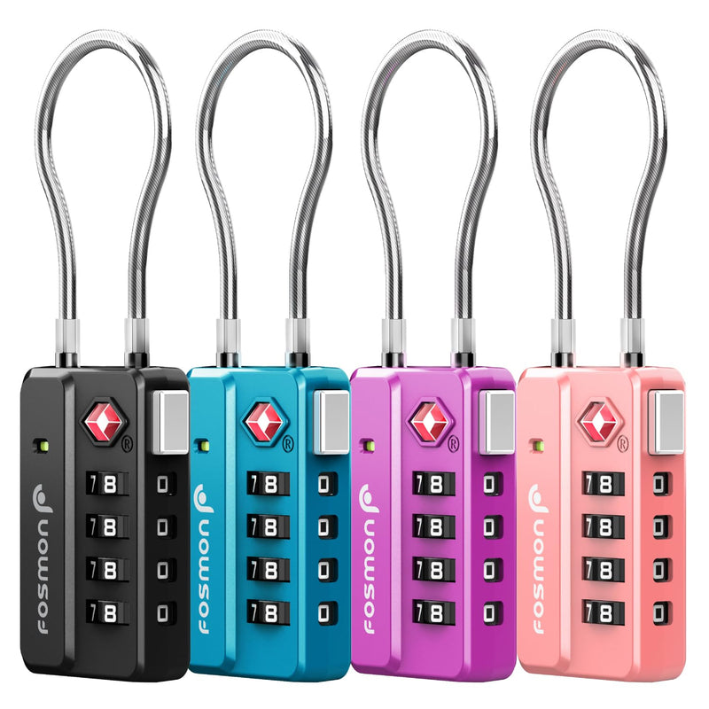 Fosmon Luggage Locks TSA Approved for Luggage & Suitcase, 4 Digit Mini Cable Locks Long Wire Padlock with 4 Combinations and Easy Reset Switch for Travel, Gym Locker, Gun Case, Backpack Zipper - 4 Pack