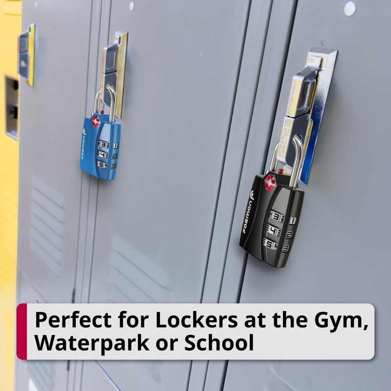 Fosmon TSA Approved Locks for Luggage. Suitcase Locks with Open Alert Indicator, 3 Digit Combination Padlock with Alloy Body for Travel, Backpack Zipper Anti Theft, Locker, Gym, Gun Case, Tent - 4 Pack