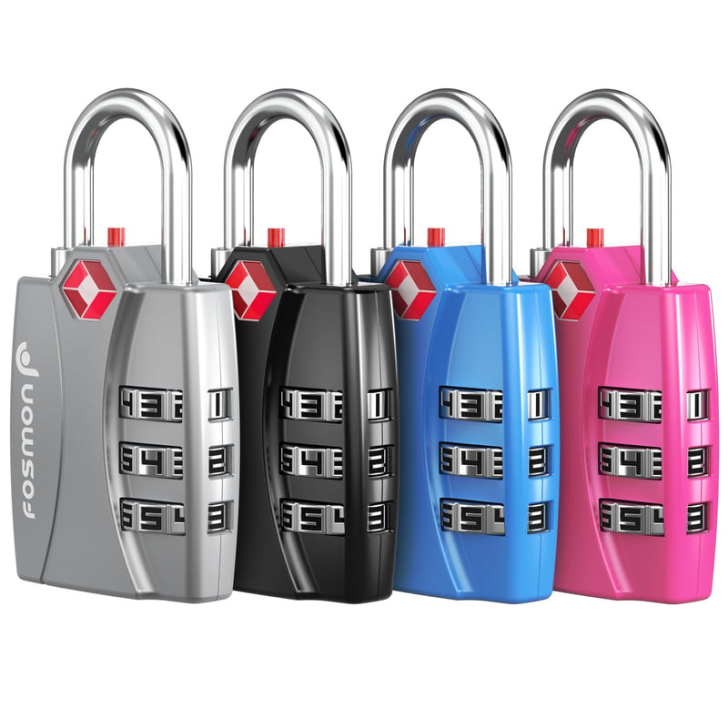 Fosmon TSA Approved Locks for Luggage. Suitcase Locks with Open Alert Indicator, 3 Digit Combination Padlock with Alloy Body for Travel, Backpack Zipper Anti Theft, Locker, Gym, Gun Case, Tent - 4 Pack