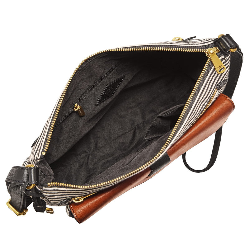 Fossil Women's Kinley Leather & Fabric Small Crossbody Purse Handbag, Black Stripe (Model: ZB7226080)