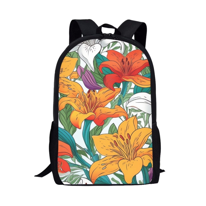 Fowototi Kids School Blooming Floral Lily Backpack Boys Lightweight Large Capacity Student Book Bag with Elastic Side Pockets Novelty Print Elementary Middle School Bag White