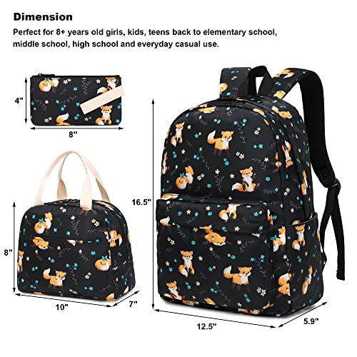 Fox Girls School Backpacks for Kids Teens, 3-in-1 School Bag Bookbags Set with Lunch Bag Pencil Case