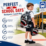 FTJCF 3Pcs Backpack for Boys, 16" Shark Kids Bookbag with Lunch Box, School Backpacks for Elementary Preschool Kindergarten (Black)