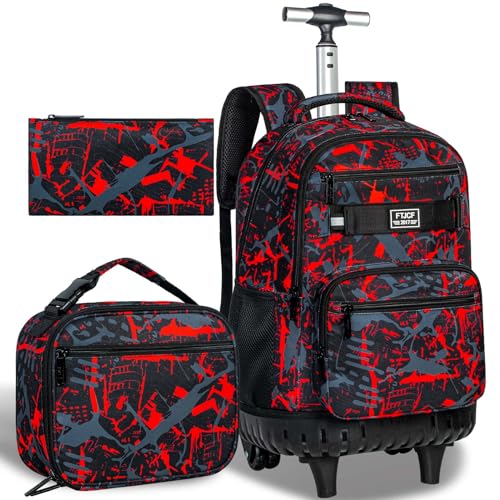 FTJCF 3Pcs Rolling Backpack for Boys, 19 Inche Adults Roller Bag with Wheels, Graffiti Wheeled Bookbag Set for Men(Red) | Backpacks4Less