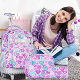 FTJCF 3pcs Rolling Backpack for Girls, 19 Inche Adult Bag with Roller Wheels, Wheeled Bookbag Set for Women - PinkGrey