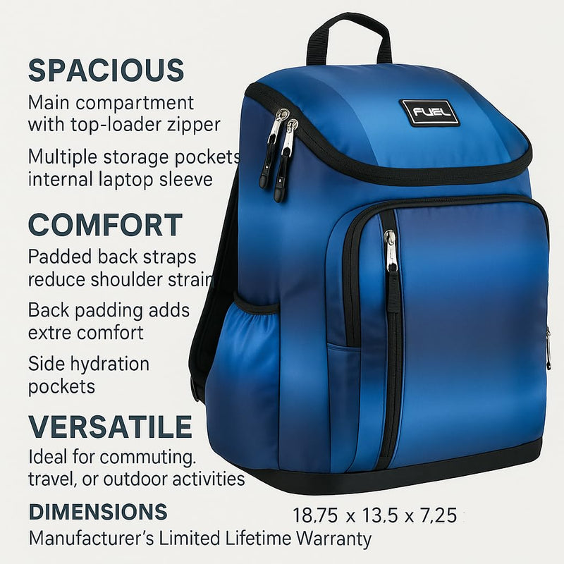 FUEL Durable Top Loader Outdoor Backpack w/Adjustable Straps, Multiple Compartments, Perfect for Travel, Hiking, Work, Classroom, Commuting - Blue Ombre