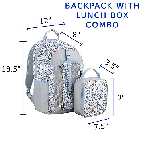 FUEL Lunch Backpack Set Teens Student Water Resistant Bookbag Bag Soft Reusable Insulated Cooler Lunch Box Thermal Travel Office Lunch Bag, Light Blue Magic Donuts