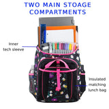 FUEL Top Loader Backpack with Lunch Box Combo – 18” Two Compartment Water Resistant Durable Adjustable Straps with Side Water Bottle Pockets 2 in 1 Set – Black & Pink Flowers