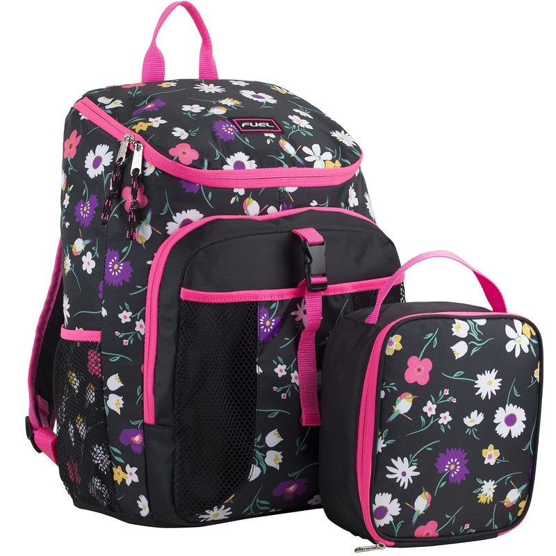 FUEL Top Loader Backpack with Lunch Box Combo – 18” Two Compartment Water Resistant Durable Adjustable Straps with Side Water Bottle Pockets 2 in 1 Set – Black & Pink Flowers