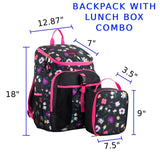 FUEL Top Loader Backpack with Lunch Box Combo – 18” Two Compartment Water Resistant Durable Adjustable Straps with Side Water Bottle Pockets 2 in 1 Set – Black & Pink Flowers