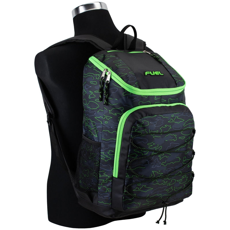 FUEL Wide Mouth Sports Luggage Backpack with Front Bungee and Inner Tech Pocket, Green Outline Camo