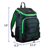 FUEL Wide Mouth Sports Luggage Backpack with Front Bungee and Inner Tech Pocket, Green Outline Camo