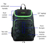 FUEL Wide Mouth Sports Luggage Backpack with Front Bungee and Inner Tech Pocket, Green Outline Camo
