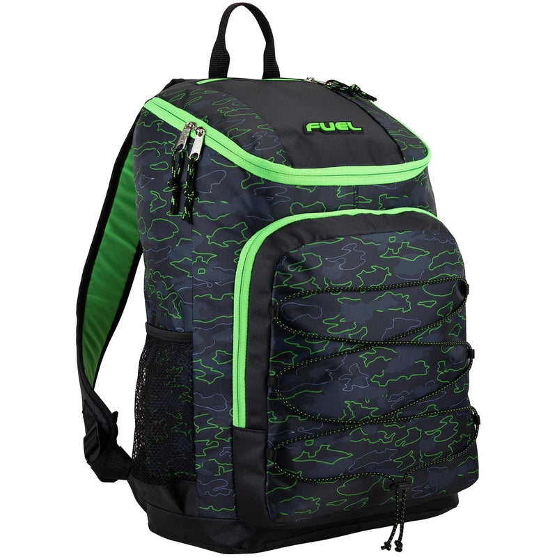 FUEL Wide Mouth Sports Luggage Backpack with Front Bungee and Inner Tech Pocket, Green Outline Camo